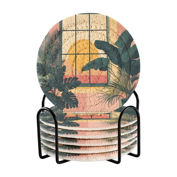 Yayeee 6 PCS Drink Coasters with Holder Set Woven Absorbent Round Tabletop Hot Pad, Pink Sunset
