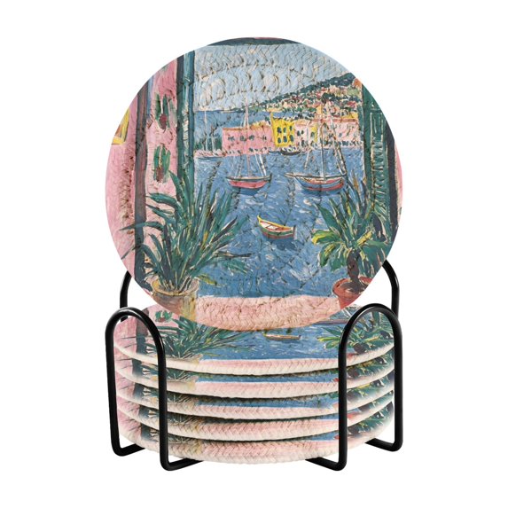Yayeee 6 PCS Drink Coasters with Holder Set Woven Absorbent Round Tabletop Hot Pad, Pink Window