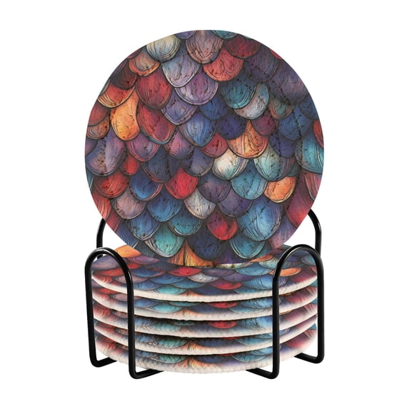 Yayeee 6 PCS Drink Coasters with Holder Set Woven Absorbent Round Tabletop Hot Pad, Purple Dragon Scales Pattern