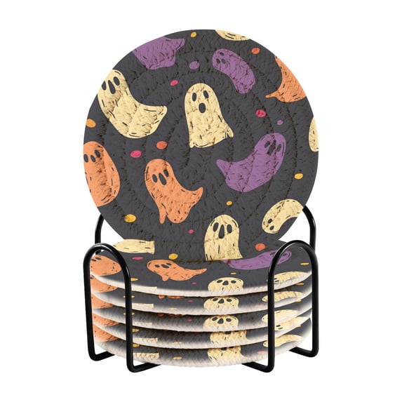 Yayeee 6 PCS Drink Coasters with Holder Set Woven Absorbent Round Tabletop Hot Pad, Purple Halloween Ghosts