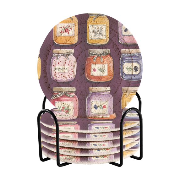 Yayeee 6 PCS Drink Coasters with Holder Set Woven Absorbent Round Tabletop Hot Pad, Purple Jam