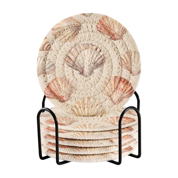 Yayeee 6 PCS Drink Coasters with Holder Set Woven Absorbent Round Tabletop Hot Pad, Purple Seashell