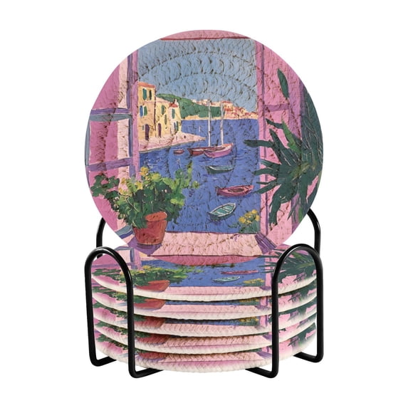 Yayeee 6 PCS Drink Coasters with Holder Set Woven Absorbent Round Tabletop Hot Pad, Purple Window Scene