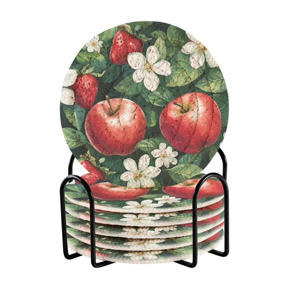 Yayeee 6 PCS Drink Coasters with Holder Set Woven Absorbent Round Tabletop Hot Pad, Red Apple Pattern