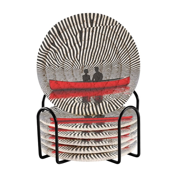 Yayeee 6 PCS Drink Coasters with Holder Set Woven Absorbent Round Tabletop Hot Pad, Red Boat