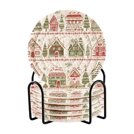 Yayeee 6 PCS Drink Coasters with Holder Set Woven Absorbent Round Tabletop Hot Pad, Red Christmas House