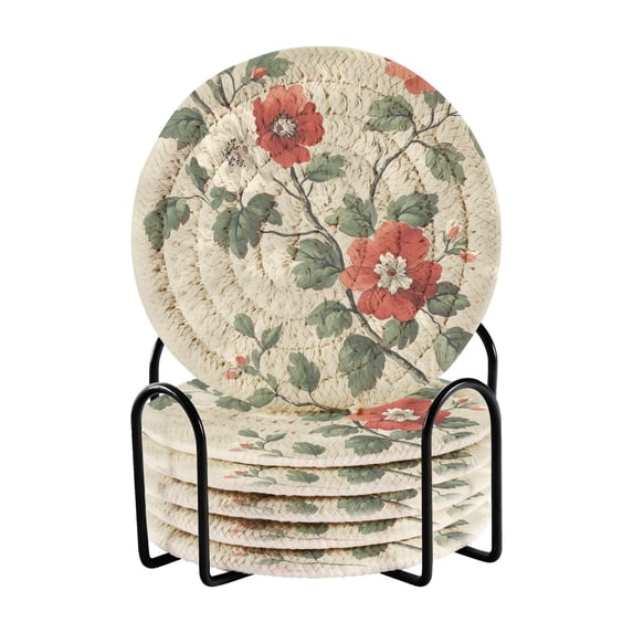 Yayeee 6 PCS Drink Coasters with Holder Set Woven Absorbent Round Tabletop Hot Pad, Red Floral Pattern