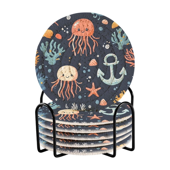 Yayeee 6 PCS Drink Coasters with Holder Set Woven Absorbent Round Tabletop Hot Pad, Red Jellyfish
