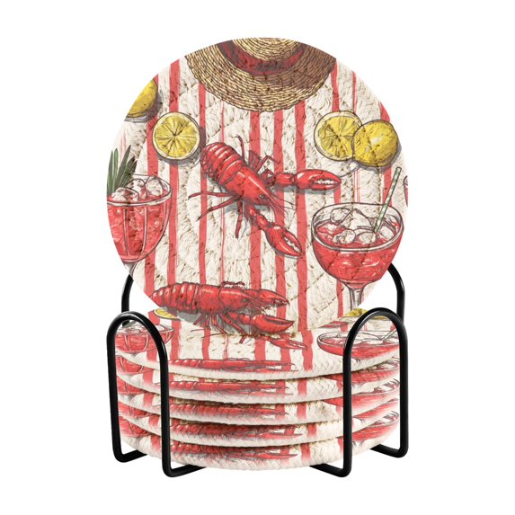 Yayeee 6 PCS Drink Coasters with Holder Set Woven Absorbent Round Tabletop Hot Pad, Red Lobster