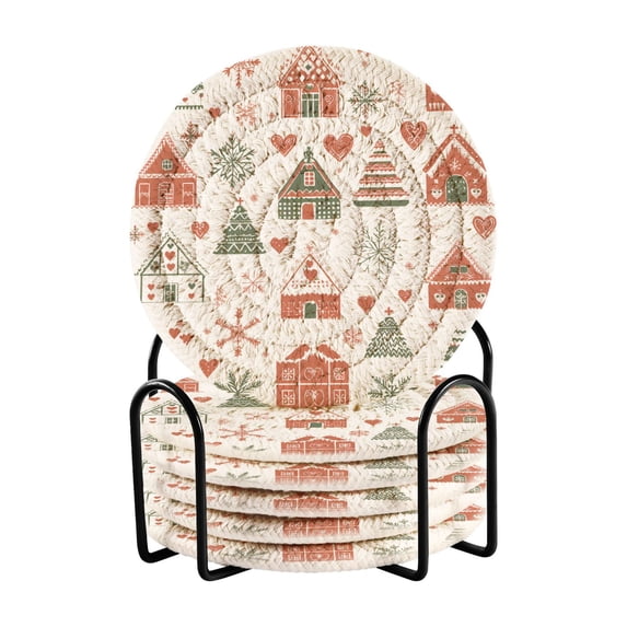Yayeee 6 PCS Drink Coasters with Holder Set Woven Absorbent Round Tabletop Hot Pad, Red Nordic Christmas