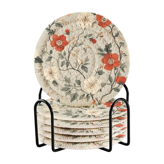 Yayeee 6 PCS Drink Coasters with Holder Set Woven Absorbent Round Tabletop Hot Pad, Red and White Floral Pattern
