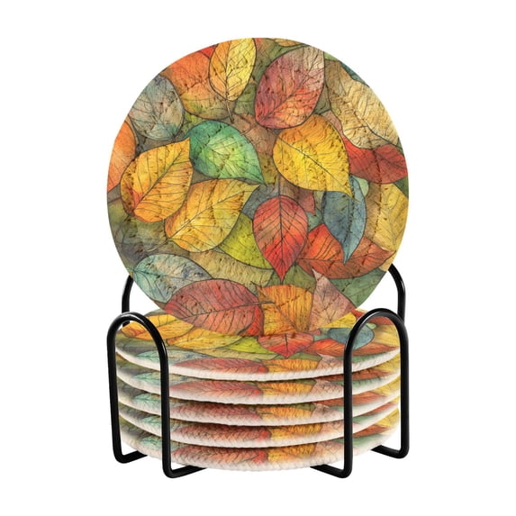 Yayeee 6 PCS Drink Coasters with Holder Set Woven Absorbent Round Tabletop Hot Pad, Retro Autumn Leaves