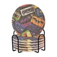 thumbnail image 1 of Yayeee 6 PCS Drink Coasters with Holder Set Woven Absorbent Round Tabletop Hot Pad, Retro Cassette Pattern, 1 of 7