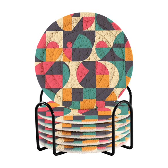 Yayeee 6 PCS Drink Coasters with Holder Set Woven Absorbent Round Tabletop Hot Pad, Retro Geometric