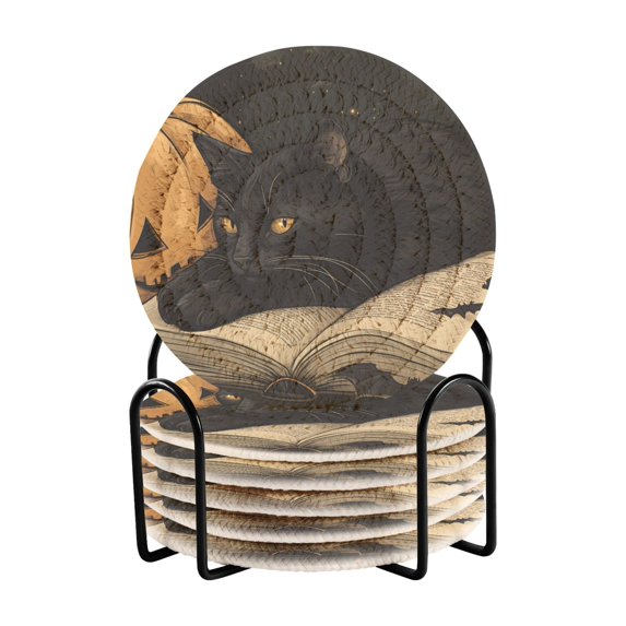 Yayeee 6 PCS Drink Coasters with Holder Set Woven Absorbent Round Tabletop Hot Pad, Retro Halloween Cat