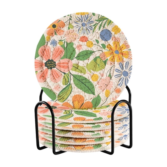 Yayeee 6 PCS Drink Coasters with Holder Set Woven Absorbent Round Tabletop Hot Pad, Retro Pink Floral