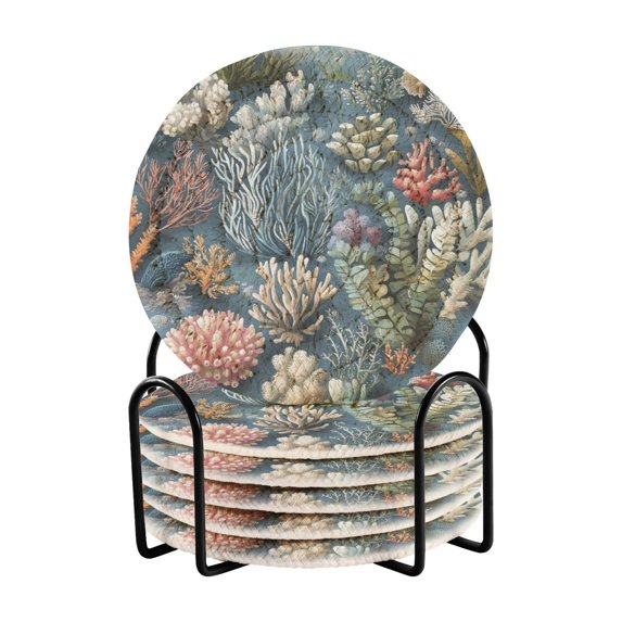 Yayeee 6 PCS Drink Coasters with Holder Set Woven Absorbent Round Tabletop Hot Pad, Sea Plants Pattern