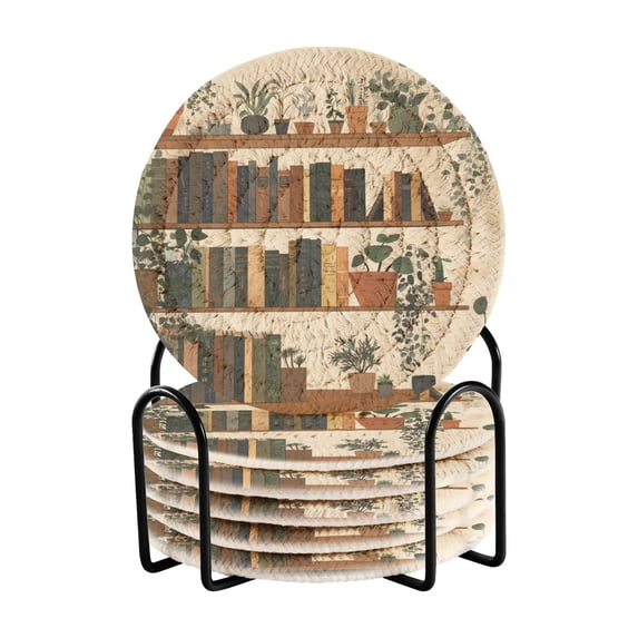 Yayeee 6 PCS Drink Coasters with Holder Set Woven Absorbent Round Tabletop Hot Pad, Shelf Plants