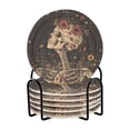 thumbnail image 1 of Yayeee 6 PCS Drink Coasters with Holder Set Woven Absorbent Round Tabletop Hot Pad, Skeleton With Flowers Pattern, 1 of 7