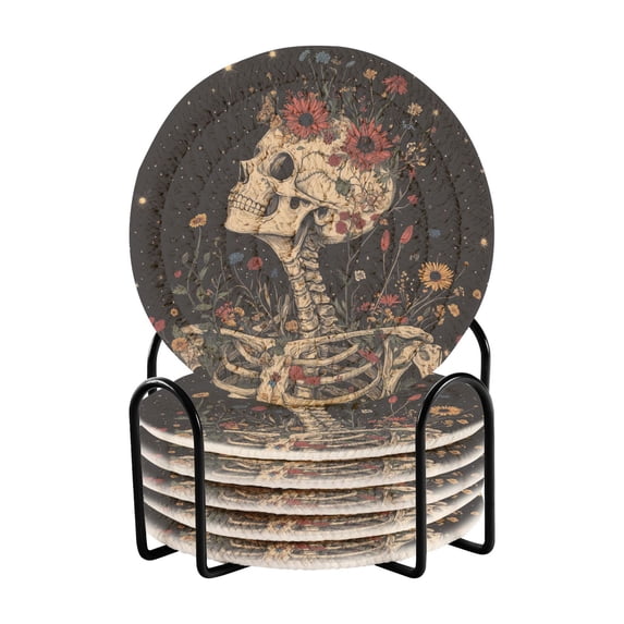 Yayeee 6 PCS Drink Coasters with Holder Set Woven Absorbent Round Tabletop Hot Pad, Skeleton With Flowers Pattern