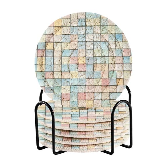 Yayeee 6 PCS Drink Coasters with Holder Set Woven Absorbent Round Tabletop Hot Pad, Small Pastel Pattern