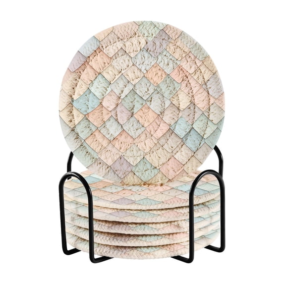 Yayeee 6 PCS Drink Coasters with Holder Set Woven Absorbent Round Tabletop Hot Pad, Small Pink Pattern