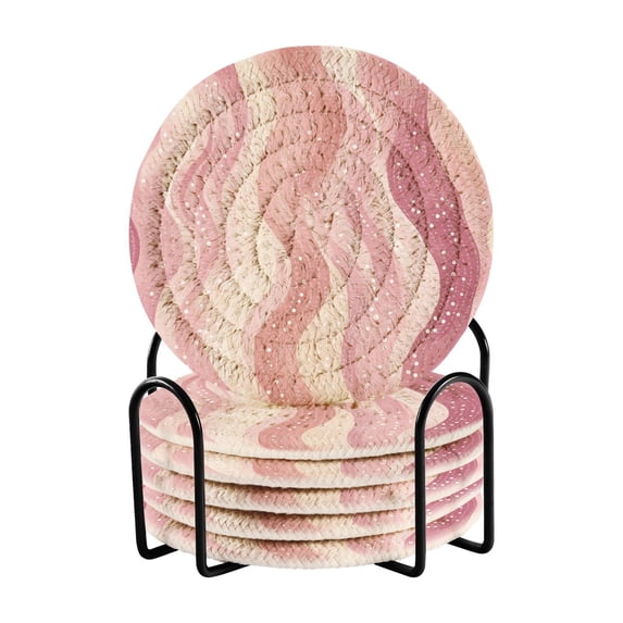 Yayeee 6 PCS Drink Coasters with Holder Set Woven Absorbent Round Tabletop Hot Pad, Soft Brown Pattern