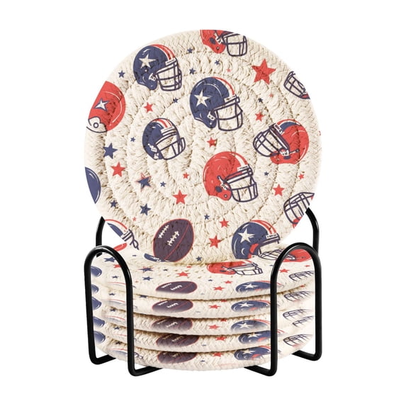 Yayeee 6 PCS Drink Coasters with Holder Set Woven Absorbent Round Tabletop Hot Pad, Star Spangled Helmets