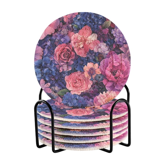 Yayeee 6 PCS Drink Coasters with Holder Set Woven Absorbent Round Tabletop Hot Pad, Vibrant Art Flowers