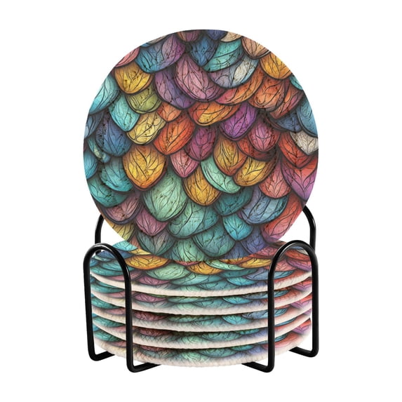 Yayeee 6 PCS Drink Coasters with Holder Set Woven Absorbent Round Tabletop Hot Pad, Vibrant Dragon Scales Pattern