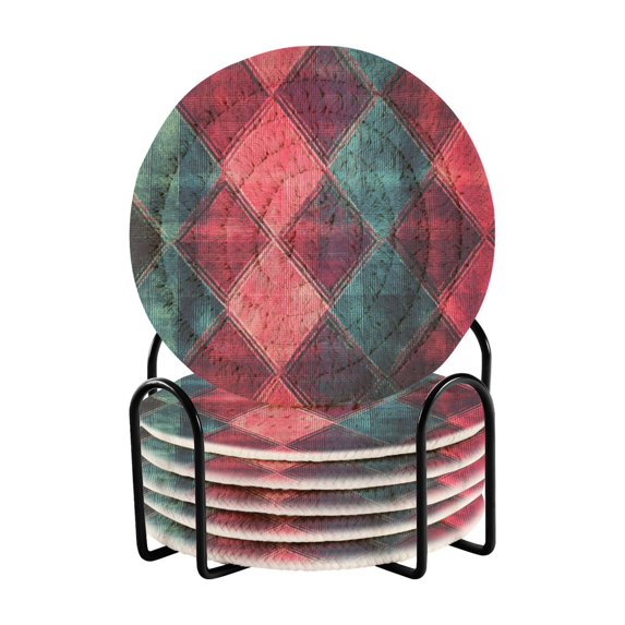 Yayeee 6 PCS Drink Coasters with Holder Set Woven Absorbent Round Tabletop Hot Pad, Vibrant Green Tartan Pattern