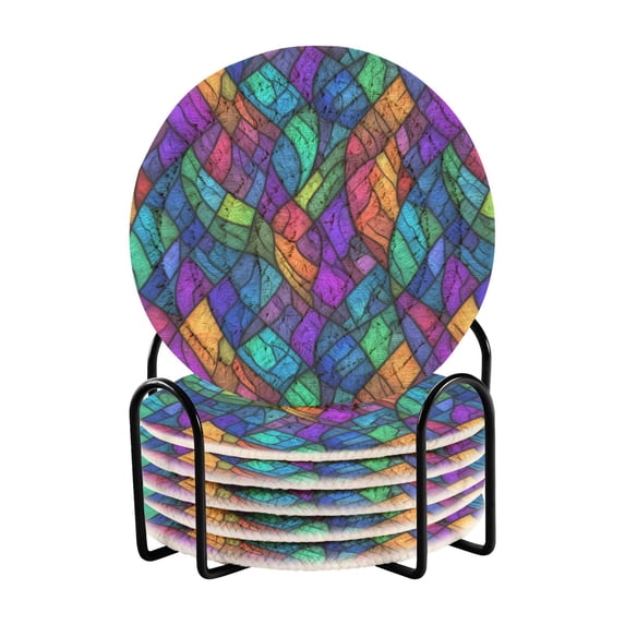 Yayeee 6 PCS Drink Coasters with Holder Set Woven Absorbent Round Tabletop Hot Pad, Vibrant Stained Glass Pattern