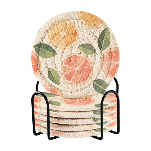 Yayeee 6 PCS Drink Coasters with Holder Set Woven Absorbent Round Tabletop Hot Pad, Watercolor Orange