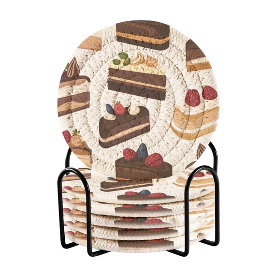 Yayeee 6 PCS Drink Coasters with Holder Set Woven Absorbent Round Tabletop Hot Pad, White Cakes Pattern