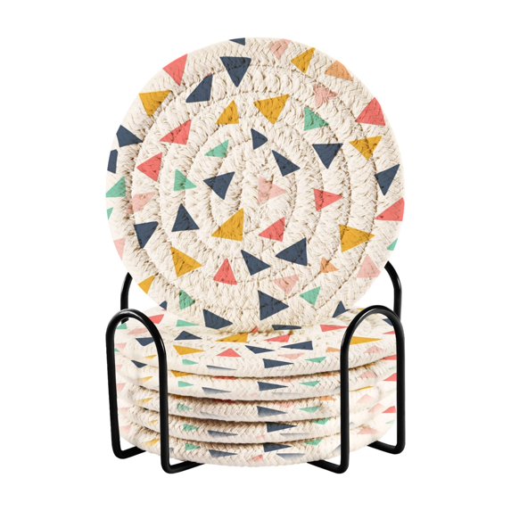 Yayeee 6 PCS Drink Coasters with Holder Set Woven Absorbent Round Tabletop Hot Pad, White Minimalist Triangles