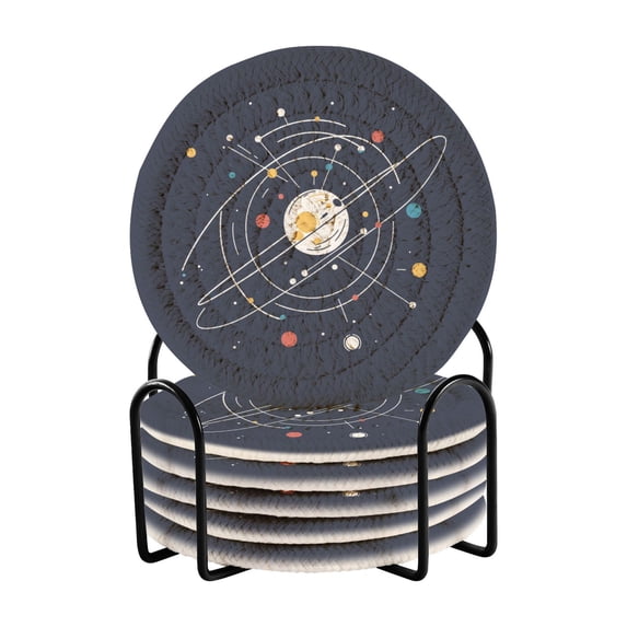 Yayeee 6 PCS Drink Coasters with Holder Set Woven Absorbent Round Tabletop Hot Pad, White Planet