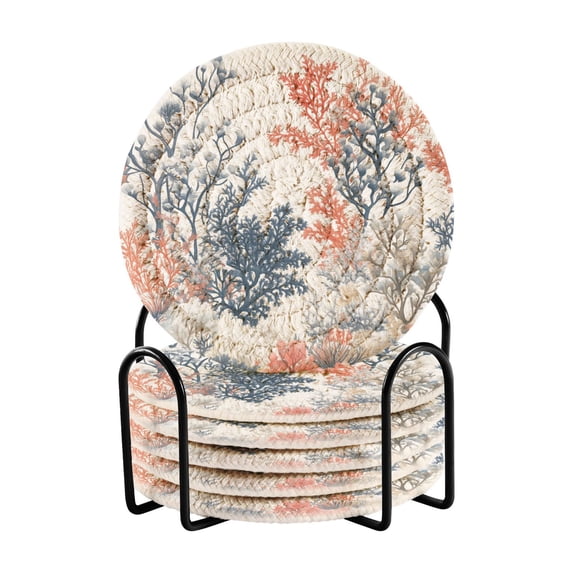 Yayeee 6 PCS Drink Coasters with Holder Set Woven Absorbent Round Tabletop Hot Pad, White Sea Plants