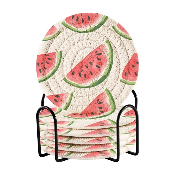 Yayeee 6 PCS Drink Coasters with Holder Set Woven Absorbent Round Tabletop Hot Pad, White Watermelon