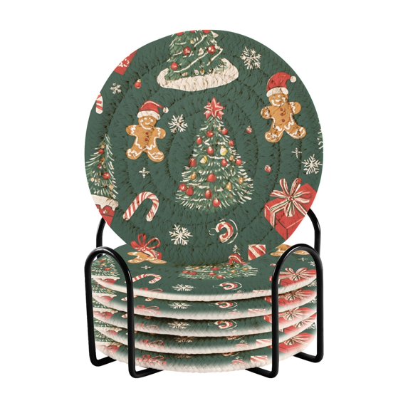Yayeee 6 PCS Drink Coasters with Holder Set Woven Absorbent Round Tabletop Hot Pad, Yellow Christmas Gingerbread