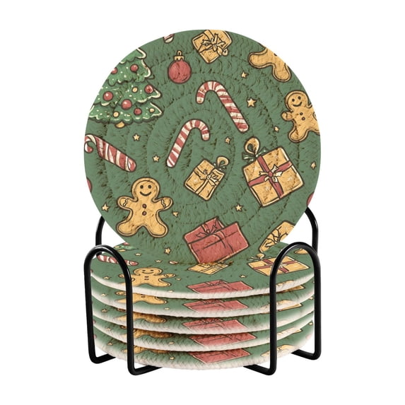 Yayeee 6 PCS Drink Coasters with Holder Set Woven Absorbent Round Tabletop Hot Pad, Yellow Christmas Gingerbread