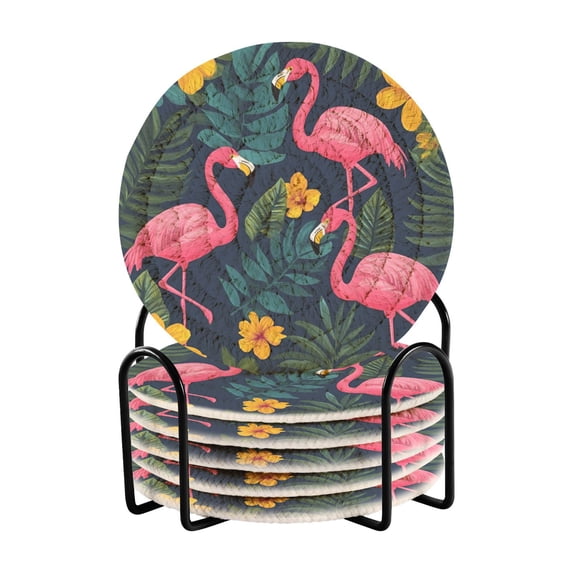 Yayeee 6 PCS Drink Coasters with Holder Set Woven Absorbent Round Tabletop Hot Pad, Yellow Floral Flamingo