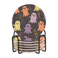 thumbnail image 1 of Yayeee 6 PCS Drink Coasters with Holder Set Woven Absorbent Round Tabletop Hot Pad, Yellow Halloween Ghosts, 1 of 7