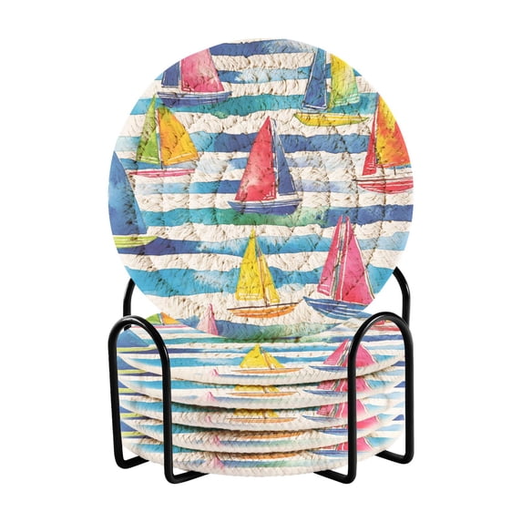 Yayeee 6 PCS Drink Coasters with Holder Set Woven Absorbent Round Tabletop Hot Pad, Yellow Hand Drawn Sailboats