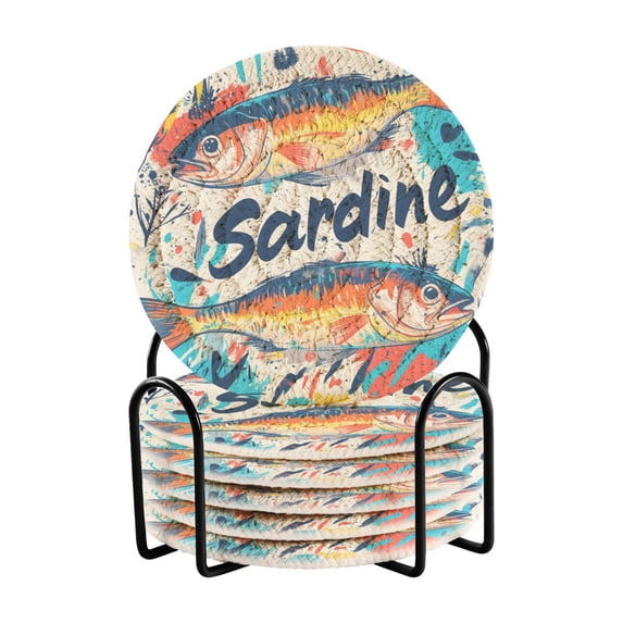 Yayeee 6 PCS Drink Coasters with Holder Set Woven Absorbent Round Tabletop Hot Pad, Yellow Sardines Pattern