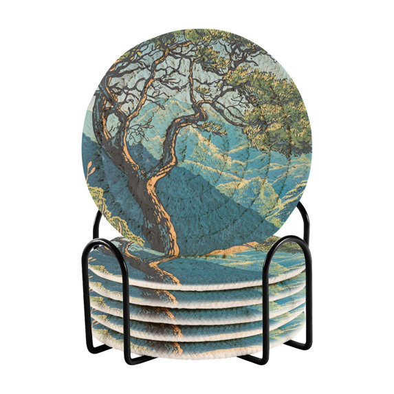 Yayeee 6 PCS Drink Coasters with Holder Set Woven Absorbent Round Tabletop Hot Pad, Yellow Tree