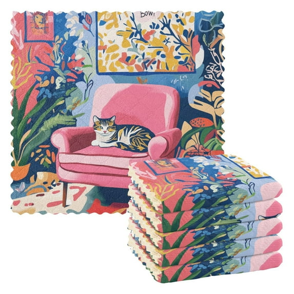 Yayeee 6 Pack Kitchen Dishcloths for Washing Dishes Soft Absorbent Microfiber Towels, Art Cat