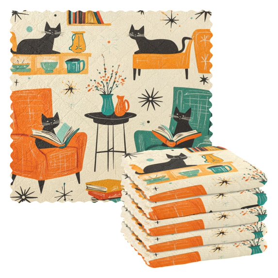 Yayeee 6 Pack Kitchen Dish Cloths Set for Washing Soft Drying Absorbent Microfiber Towels, Black Cats Reading