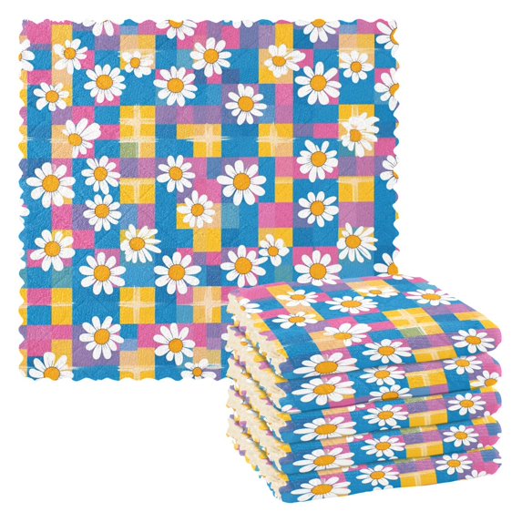 Yayeee 6 Pack Kitchen Dish Cloths Set for Washing Soft Drying Absorbent Microfiber Towels, Blue Checkered Daisy