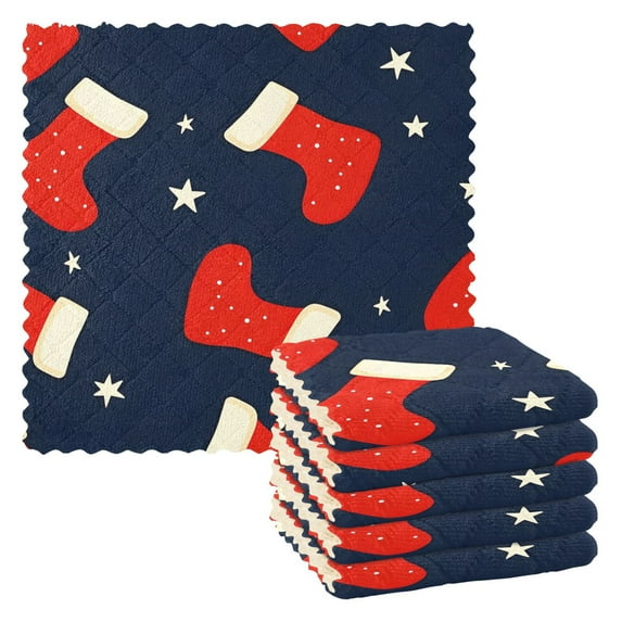 Yayeee 6 Pack Kitchen Dishcloths for Washing Dishes Soft Absorbent Microfiber Towels, Blue Christmas Socks Pattern