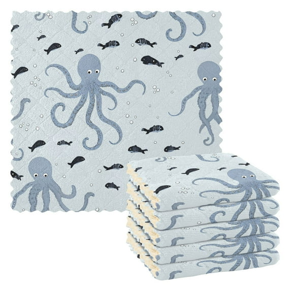 Yayeee 6 Pack Kitchen Dishcloths for Washing Dishes Soft Absorbent Microfiber Towels, Blue Octopus Pattern